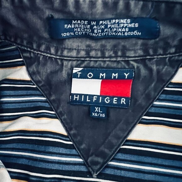 TOMMY HILFIGER Vintage Blue White Vertical Stripe Button Down Shirt Lion Logo XL - Picture 6 of 7